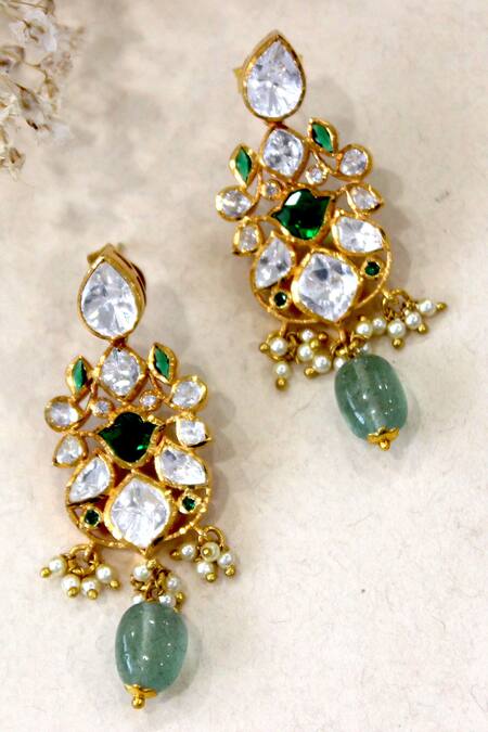 Zeeya Luxury Jewellery_Green Mirrors, Beads Polki Embellished Dangler Earrings_Online_at_Aza_Fashions