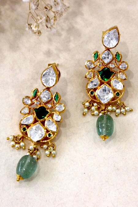 Buy_Zeeya Luxury Jewellery_Green Mirrors, Beads Polki Embellished Dangler Earrings_Online_at_Aza_Fashions
