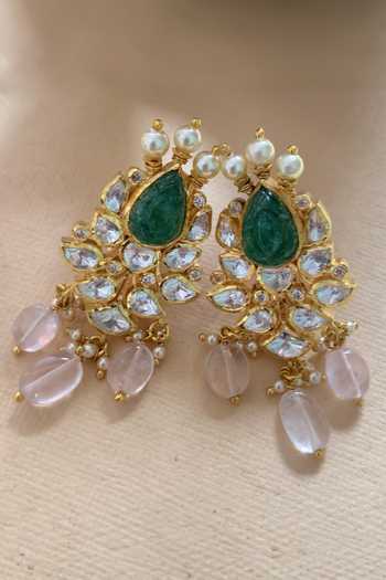 Zeeya Luxury Jewellery_Green Mirrors, Stones Polki Studded Dangler Earrings_Online_at_Aza_Fashions