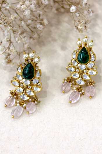 Buy_Zeeya Luxury Jewellery_Green Mirrors, Stones Polki Studded Dangler Earrings_Online_at_Aza_Fashions