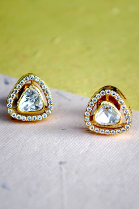 Shop Zeeya Luxury Jewellery Gold Plated Imitation Diamonds Polki Encrusted Triangular Stud Earrings at Aza Fashions Shop_Zeeya Luxury Jewellery_Gold Plated Imitation Diamonds Polki Encrusted Triangular Stud Earrings_at_Aza_Fashions
