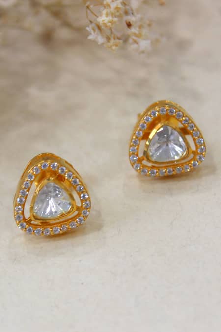 Zeeya Luxury Jewellery_Gold Plated Imitation Diamonds Polki Encrusted Triangular Stud Earrings_Online_at_Aza_Fashions