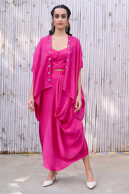 Kanelle Pink Viscose Satin Hand Embroidered Mala Draped Skirt Set With Placket Cape