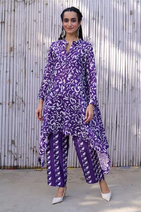 Kanelle Purple Chanderi Silk Printed Leaf Band Saachi Asymmetric Tunic And Trouser Set