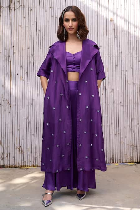 Kanelle Purple Viscose Satin Hand Embroidered Sequins Ziya Overlay With Trouser Set