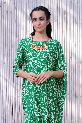 Buy Green Viscose, Satin Round Neck Saba Leaf Print Draped Dress For Women  by Kanelle Online at Aza Fashions.