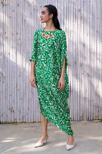 Buy Green Viscose, Satin Round Neck Saba Leaf Print Draped Dress For Women  by Kanelle Online at Aza Fashions.