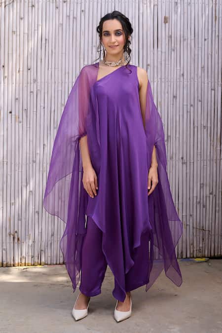 Kanelle Purple Top And Bottom Viscose Satin Solid Cape Open Gul Tunic Set