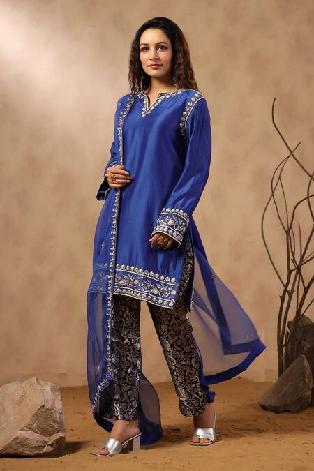 Buy_Palak Khandelwal_Blue Chanderi, Brocade, Organza Embroidery, Gota Kurta Set With Floral Pant _Online_at_Aza_Fashions