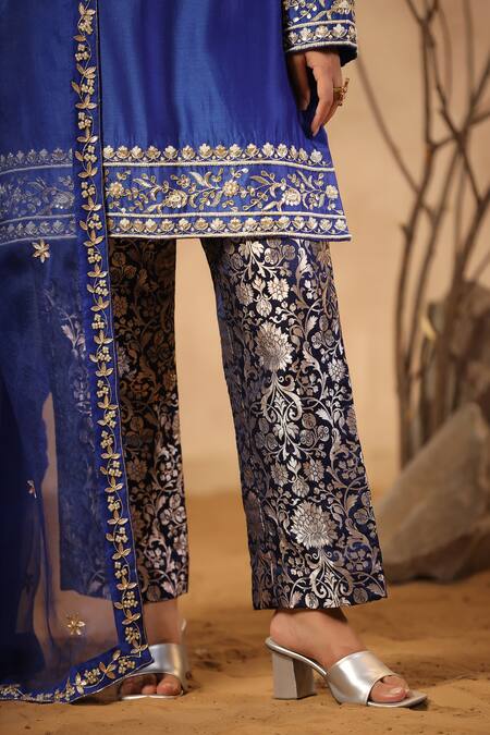 Shop_Palak Khandelwal_Blue Chanderi, Brocade, Organza Embroidery, Gota Kurta Set With Floral Pant _Online_at_Aza_Fashions