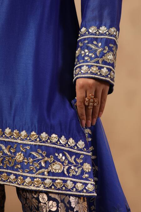 Shop_Palak Khandelwal_Blue Chanderi, Brocade, Organza Embroidery, Gota Kurta Set With Floral Pant 