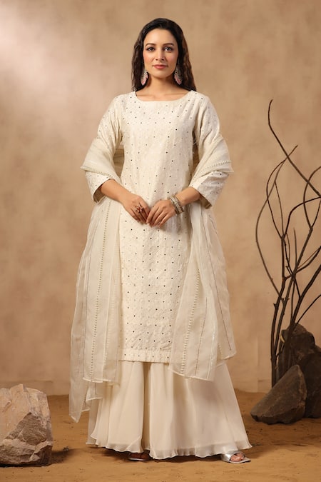 Buy_Palak Khandelwal_White Silk, Georgette, Organza Sequins, Pearls, Embroidered Kurta Sharara Set _Online_at_Aza_Fashions