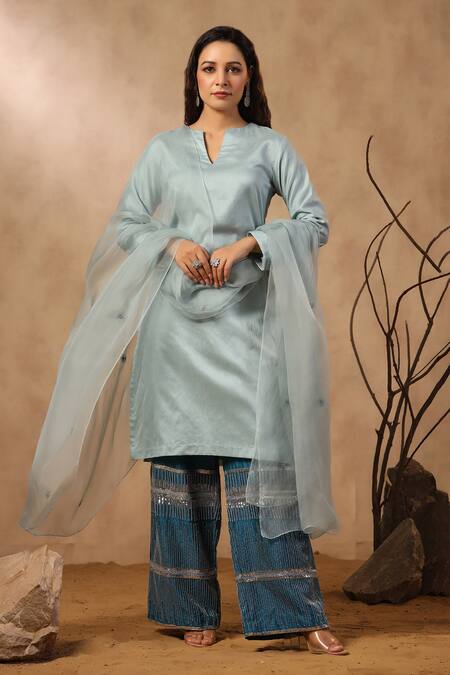 Buy_Palak Khandelwal_Blue Chanderi, Organza Cut Work, Sequins, Pearls, Kurta Set With Hand Pant _Online_at_Aza_Fashions