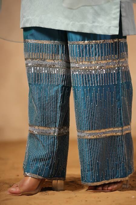 Palak Khandelwal_Blue Chanderi, Organza Cut Work, Sequins, Pearls, Kurta Set With Hand Pant _at_Aza_Fashions