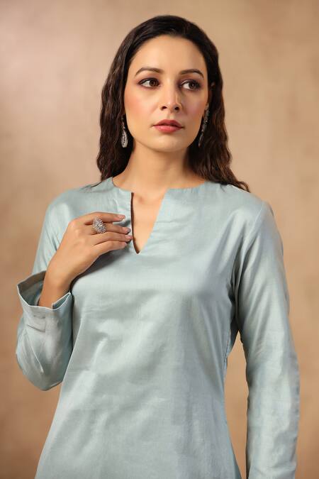 Buy_Palak Khandelwal_Blue Chanderi, Organza Cut Work, Sequins, Pearls, Kurta Set With Hand Pant 