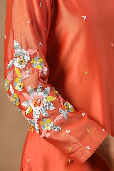 Shop_Palak Khandelwal_Orange Chanderi, Organza Cut Work, Embroidery, Sequins Round Neck Kurta Pant Set _Online_at_Aza_Fashions