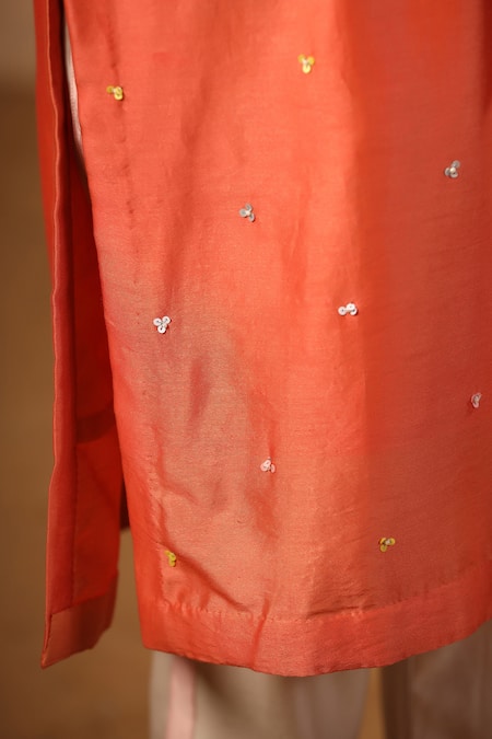 Palak Khandelwal_Orange Chanderi, Organza Cut Work, Embroidery, Sequins Round Neck Kurta Pant Set _at_Aza_Fashions