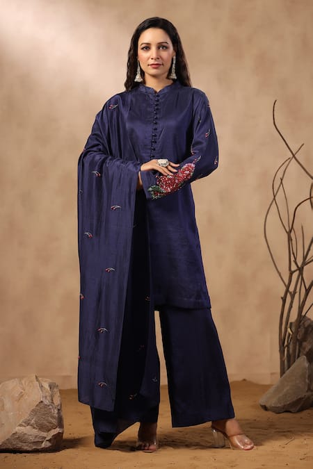 Palak Khandelwal_Blue Silk Cut Work, Sequins, Pearls Mandarin Embroidered Sleeve Kurta Pant Set _Online_at_Aza_Fashions