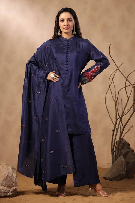 Buy_Palak Khandelwal_Blue Silk Cut Work, Sequins, Pearls Mandarin Embroidered Sleeve Kurta Pant Set _Online_at_Aza_Fashions