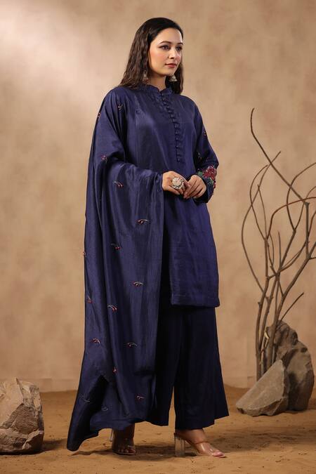 Shop_Palak Khandelwal_Blue Silk Cut Work, Sequins, Pearls Mandarin Embroidered Sleeve Kurta Pant Set _Online_at_Aza_Fashions