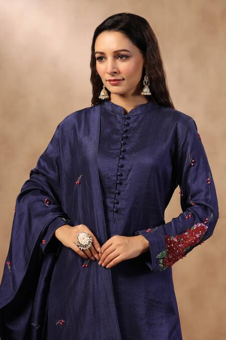 Palak Khandelwal_Blue Silk Cut Work, Sequins, Pearls Mandarin Embroidered Sleeve Kurta Pant Set _at_Aza_Fashions