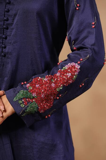 Buy_Palak Khandelwal_Blue Silk Cut Work, Sequins, Pearls Mandarin Embroidered Sleeve Kurta Pant Set 