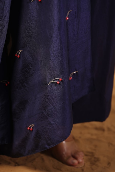 Shop_Palak Khandelwal_Blue Silk Cut Work, Sequins, Pearls Mandarin Embroidered Sleeve Kurta Pant Set 