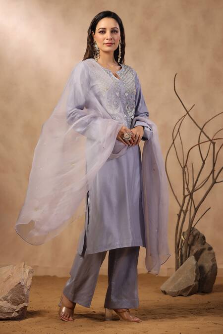 Palak Khandelwal_Purple Chanderi, Organza Cut Work, Sequins, Floral Embroidered Kurta Pant Set _Online_at_Aza_Fashions