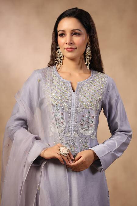 Shop_Palak Khandelwal_Purple Chanderi, Organza Cut Work, Sequins, Floral Embroidered Kurta Pant Set _Online_at_Aza_Fashions