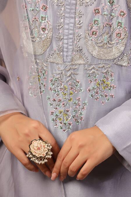 Palak Khandelwal_Purple Chanderi, Organza Cut Work, Sequins, Floral Embroidered Kurta Pant Set _at_Aza_Fashions