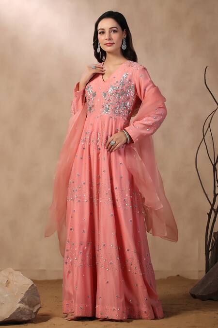 Palak Khandelwal_Pink Chanderi, Organza Sequins, Pearls Floral Embroidered Anarkali With Dupatta _Online_at_Aza_Fashions
