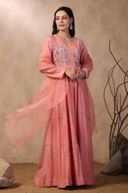 Buy_Palak Khandelwal_Pink Chanderi, Organza Sequins, Pearls Floral Embroidered Anarkali With Dupatta _Online_at_Aza_Fashions