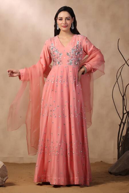 Shop_Palak Khandelwal_Pink Chanderi, Organza Sequins, Pearls Floral Embroidered Anarkali With Dupatta _Online_at_Aza_Fashions