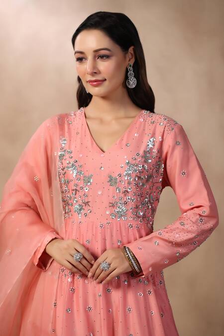 Palak Khandelwal_Pink Chanderi, Organza Sequins, Pearls Floral Embroidered Anarkali With Dupatta _at_Aza_Fashions