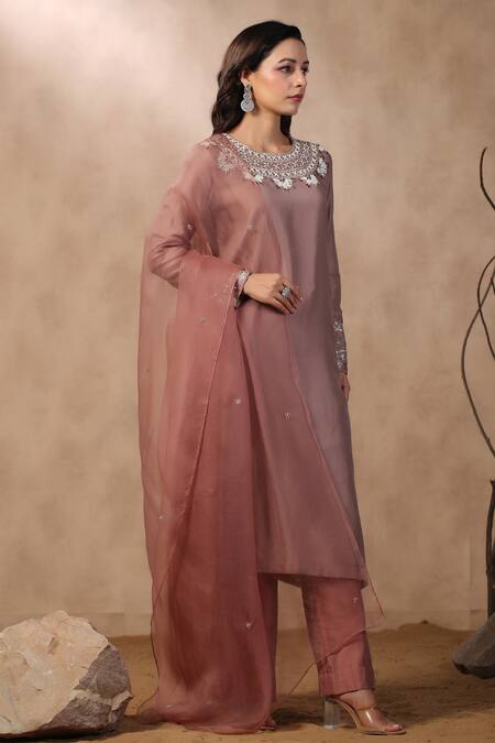 Shop_Palak Khandelwal_Pink Chanderi, Organza Cut Work, Pearls Round Neck Embroidered Yoke Kurta Set _Online_at_Aza_Fashions