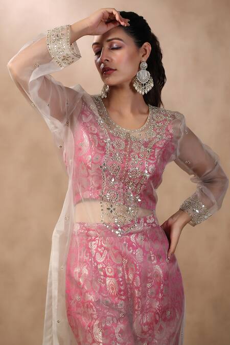 Shop_Palak Khandelwal_Pink Organza, Brocade Gota Patti, Pearls Round Embroidered Kurta With Pant Set _Online_at_Aza_Fashions