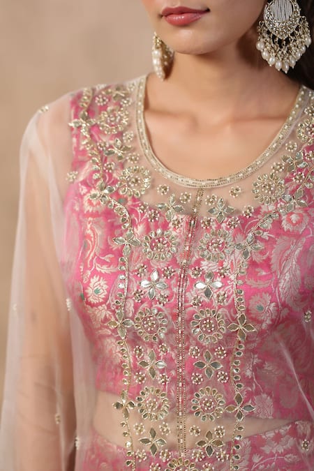 Palak Khandelwal_Pink Organza, Brocade Gota Patti, Pearls Round Embroidered Kurta With Pant Set _at_Aza_Fashions