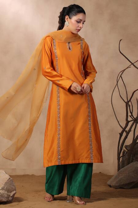 Buy_Palak Khandelwal_Orange Chanderi, Organza Sequins, Pearls, Cut Floral Embroidered Kurta Pant Set _Online_at_Aza_Fashions