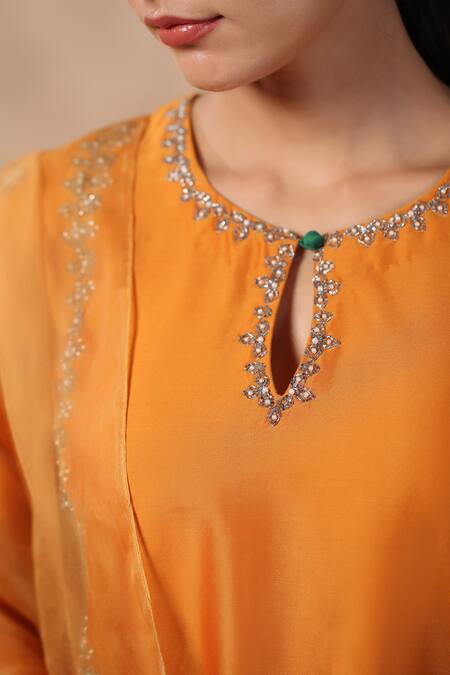 Shop_Palak Khandelwal_Orange Chanderi, Organza Sequins, Pearls, Cut Floral Embroidered Kurta Pant Set 