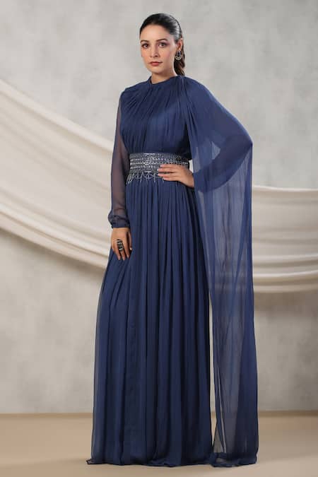 Palak Khandelwal_Blue Chiffon Embroidery, Cut Work, Pearls, Draped Anarkali With Hand Belt _Online_at_Aza_Fashions