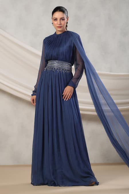 Buy_Palak Khandelwal_Blue Chiffon Embroidery, Cut Work, Pearls, Draped Anarkali With Hand Belt _Online_at_Aza_Fashions