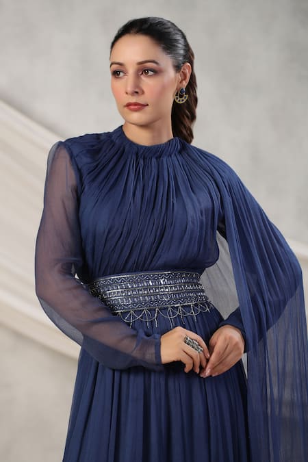 Shop_Palak Khandelwal_Blue Chiffon Embroidery, Cut Work, Pearls, Draped Anarkali With Hand Belt _Online_at_Aza_Fashions