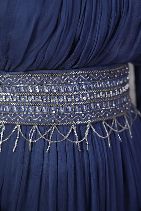 Palak Khandelwal_Blue Chiffon Embroidery, Cut Work, Pearls, Draped Anarkali With Hand Belt _at_Aza_Fashions