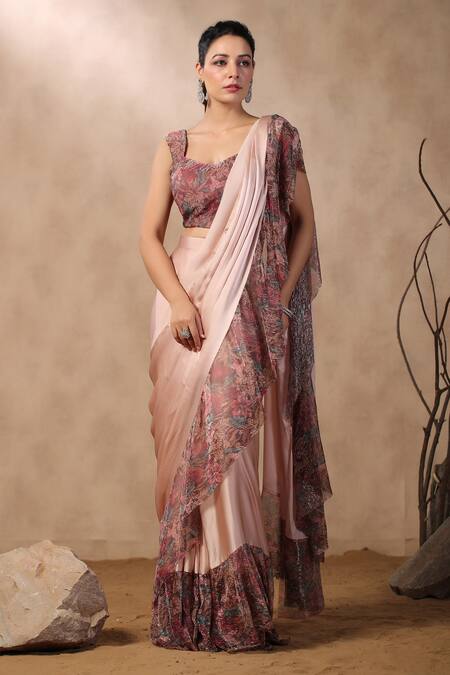 Palak Khandelwal_Pink Georgette, Satin Embroidery Printed Pre-draped Ruffle Saree With Blouse _Online_at_Aza_Fashions
