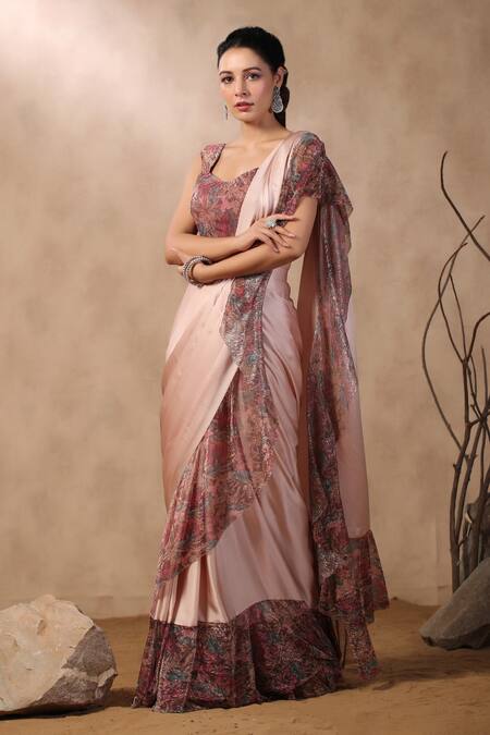 Buy_Palak Khandelwal_Pink Georgette, Satin Embroidery Printed Pre-draped Ruffle Saree With Blouse _Online_at_Aza_Fashions