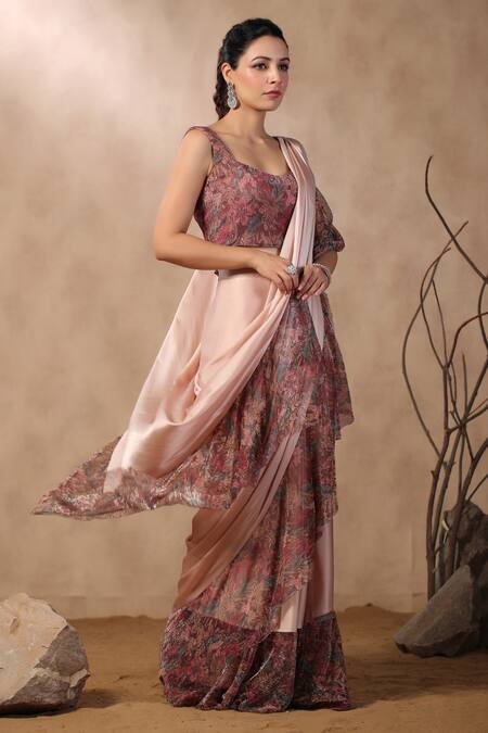 Shop_Palak Khandelwal_Pink Georgette, Satin Embroidery Printed Pre-draped Ruffle Saree With Blouse _Online_at_Aza_Fashions