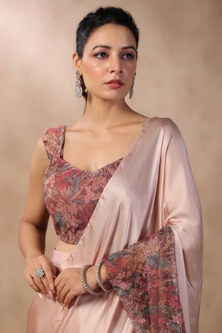 Palak Khandelwal_Pink Georgette, Satin Embroidery Printed Pre-draped Ruffle Saree With Blouse _at_Aza_Fashions
