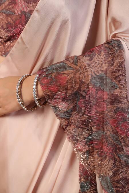 Buy_Palak Khandelwal_Pink Georgette, Satin Embroidery Printed Pre-draped Ruffle Saree With Blouse 