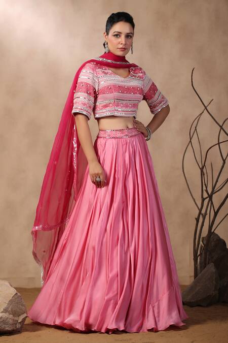 Palak Khandelwal_Pink Satin Sequins, Pearls, Cut Work V-neck Hand Embroidered Blouse Skirt Set _Online_at_Aza_Fashions