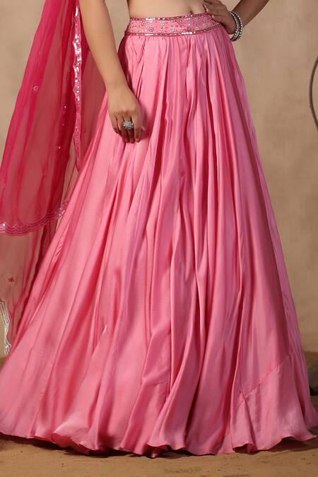 Buy_Palak Khandelwal_Pink Satin Sequins, Pearls, Cut Work V-neck Hand Embroidered Blouse Skirt Set _Online_at_Aza_Fashions